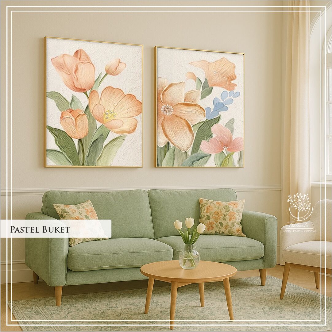 Dijital Baskılı Metal Çerçeveli Camlı İkili Dekoratif Tablo -Pastel Buket Model A