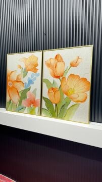 Dijital Baskılı Metal Çerçeveli Camlı İkili Dekoratif Tablo -Pastel Buket Model A