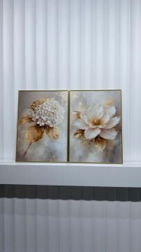 Dijital Baskılı Metal Çerçeveli Camlı İkili Dekoratif Tablo - Golden Bloom