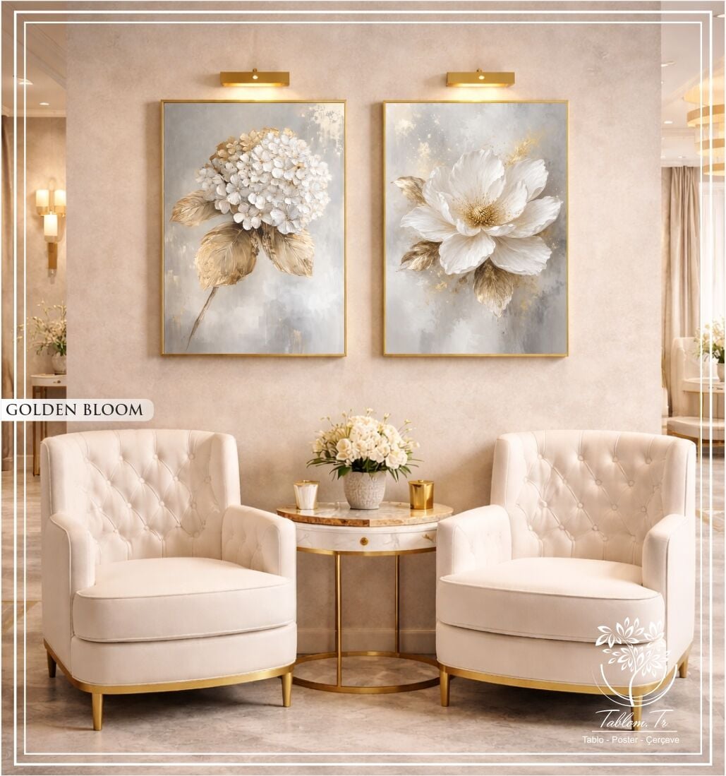 Dijital Baskılı Metal Çerçeveli Camlı İkili Dekoratif Tablo - Golden Bloom