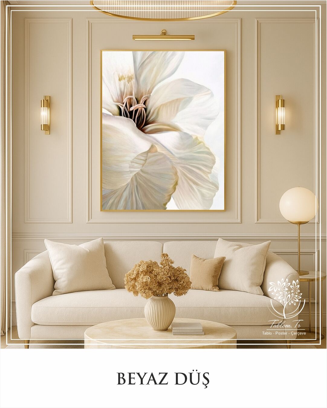 Dijital Baskılı Metal Çerçeceli Camlı Tekli Tablo -Beyaz Düş