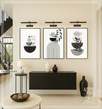 Dijital Baskılı Metal Çerçeveli Camlı Üçlü Dekoratif Tablo - Linea Flora