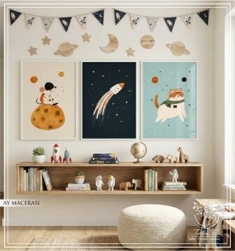 Dijital Baskılı Metal Çerçeveli Camlı Üçlü Dekoratif Tablo - Ay Macerası