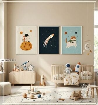 Dijital Baskılı Metal Çerçeveli Camlı Üçlü Dekoratif Tablo - Ay Macerası