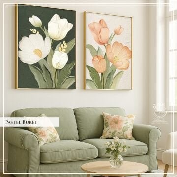 Dijital Baskılı Metal Çerçeveli Camlı İkili Dekoratif Tablo -Pastel Buket Model B