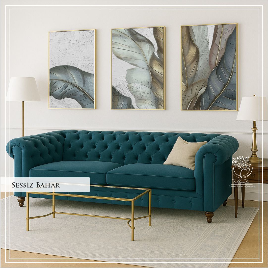 Metal Çerçeveli Camlı Sessiz Bahar 3'lü Dekoratif Tablo