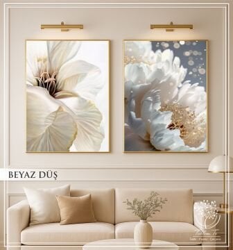 Dijital Baskılı Metal Çerçeveli Camlı İkili Dekoratif Tablo - Beyaz Düş