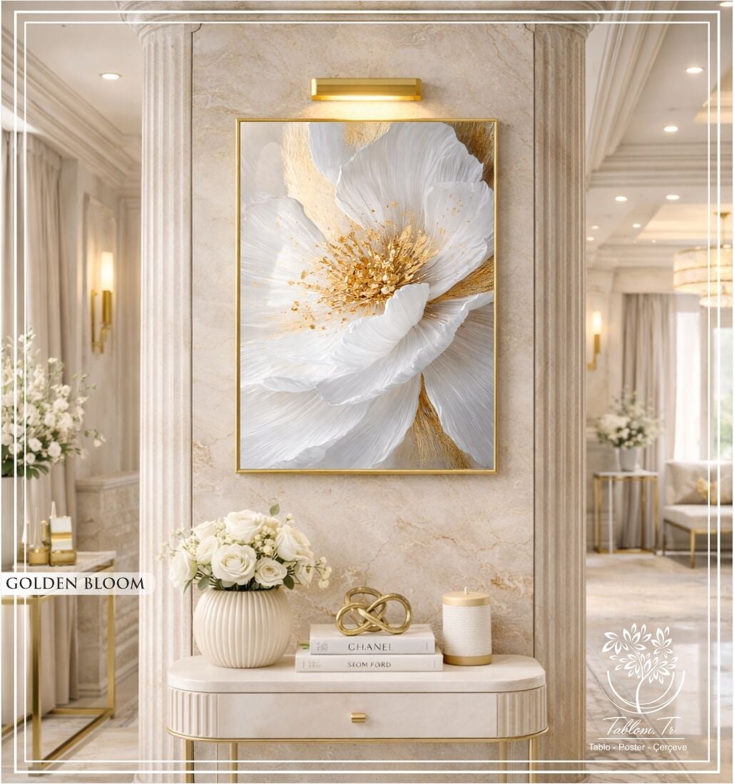 Dijital Baskılı Metal Çerçeveli Camlı Tekli Tablo -Golden Bloom