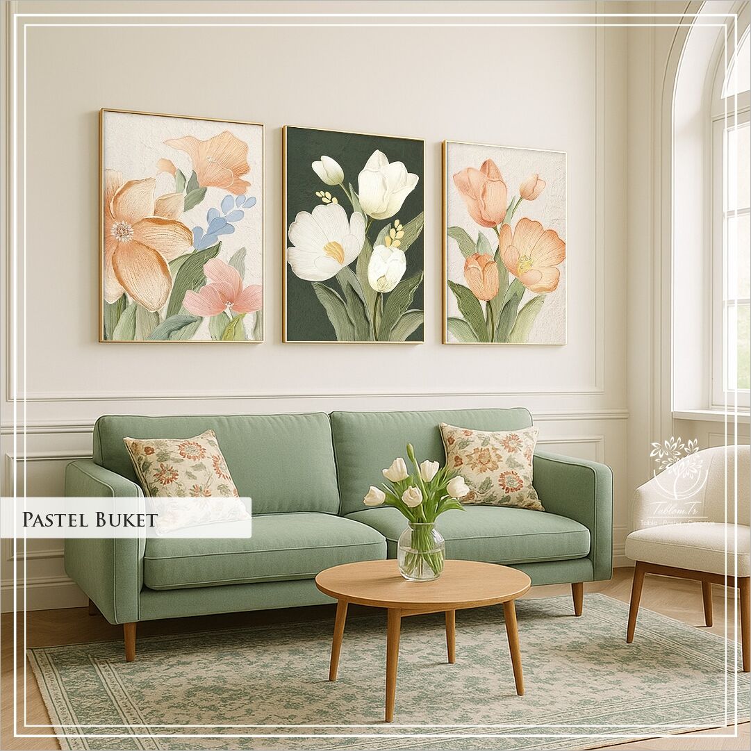 Dijital Baskılı Metal Çerçeveli Camlı 3'lü Dekoratif Tablo -Pastel Buket