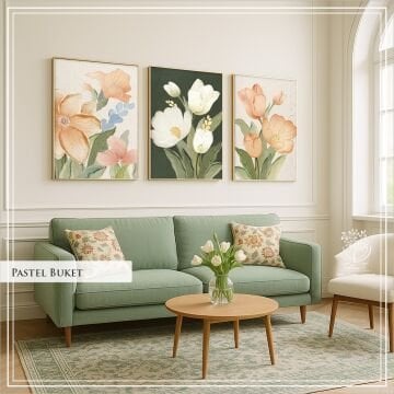 Dijital Baskılı Metal Çerçeveli Camlı 3'lü Dekoratif Tablo -Pastel Buket