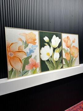 Dijital Baskılı Metal Çerçeveli Camlı 3'lü Dekoratif Tablo -Pastel Buket