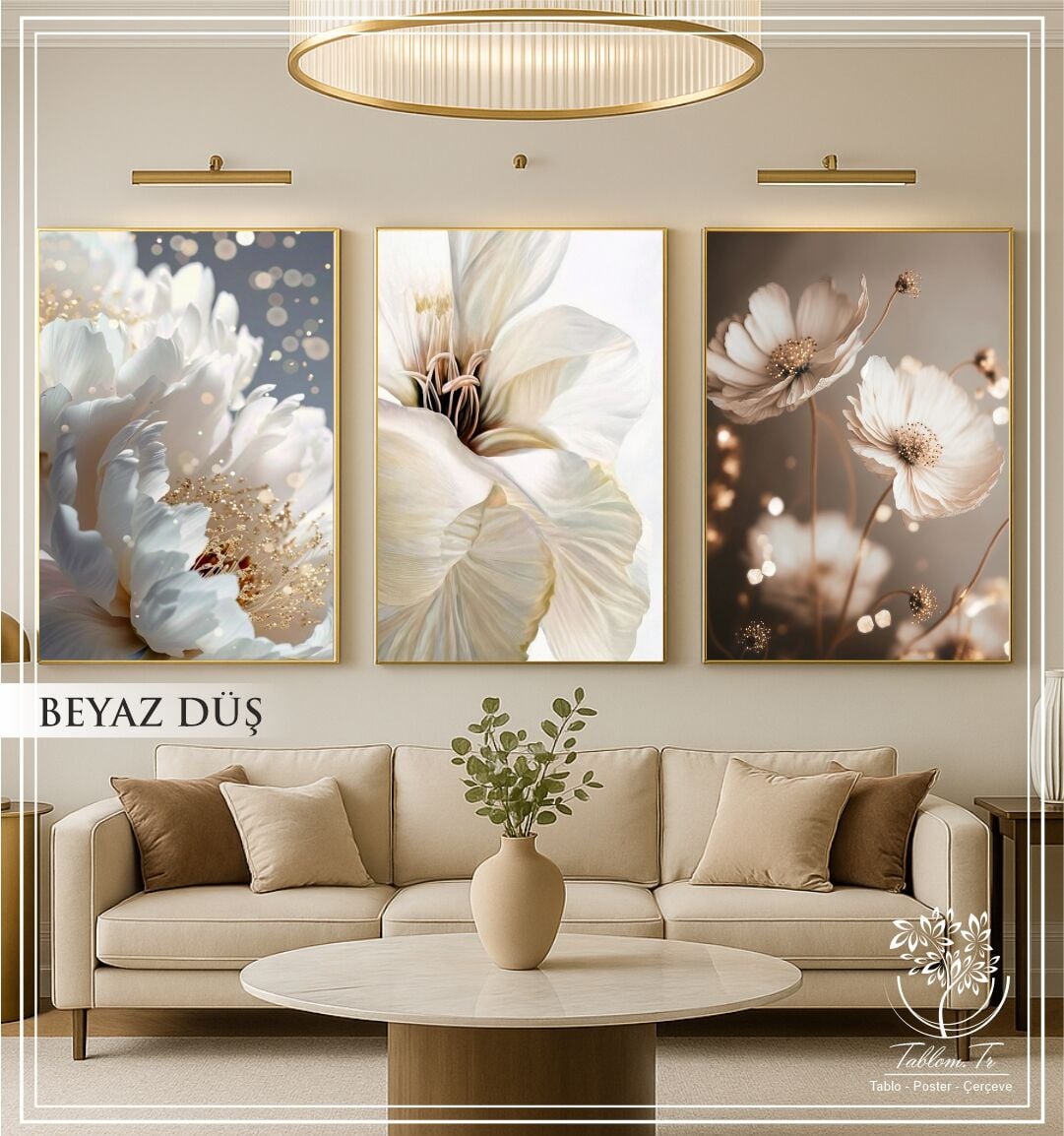 Dijital Baskılı Metal Çerçeveli Camlı Üçlü Dekoratif Tablo - Beyaz Düş