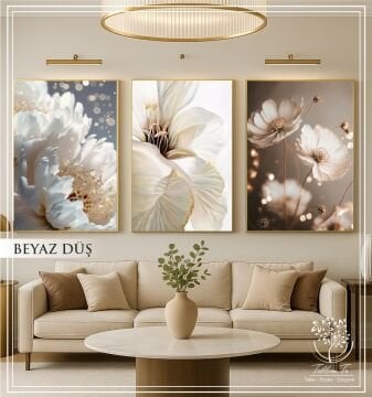 Dijital Baskılı Metal Çerçeveli Camlı Üçlü Dekoratif Tablo - Beyaz Düş