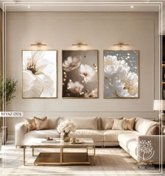 Dijital Baskılı Metal Çerçeveli Camlı Üçlü Dekoratif Tablo - Beyaz Düş