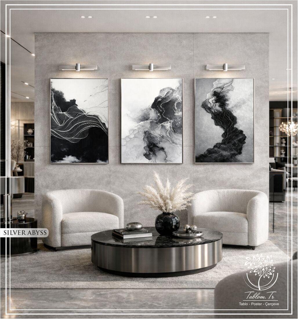 Dijital Baskılı Metal Çerçeveli Camlı Üçlü Dekoratif Tablo - Silver Abyss