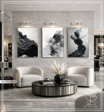 Dijital Baskılı Metal Çerçeveli Camlı Üçlü Dekoratif Tablo - Silver Abyss