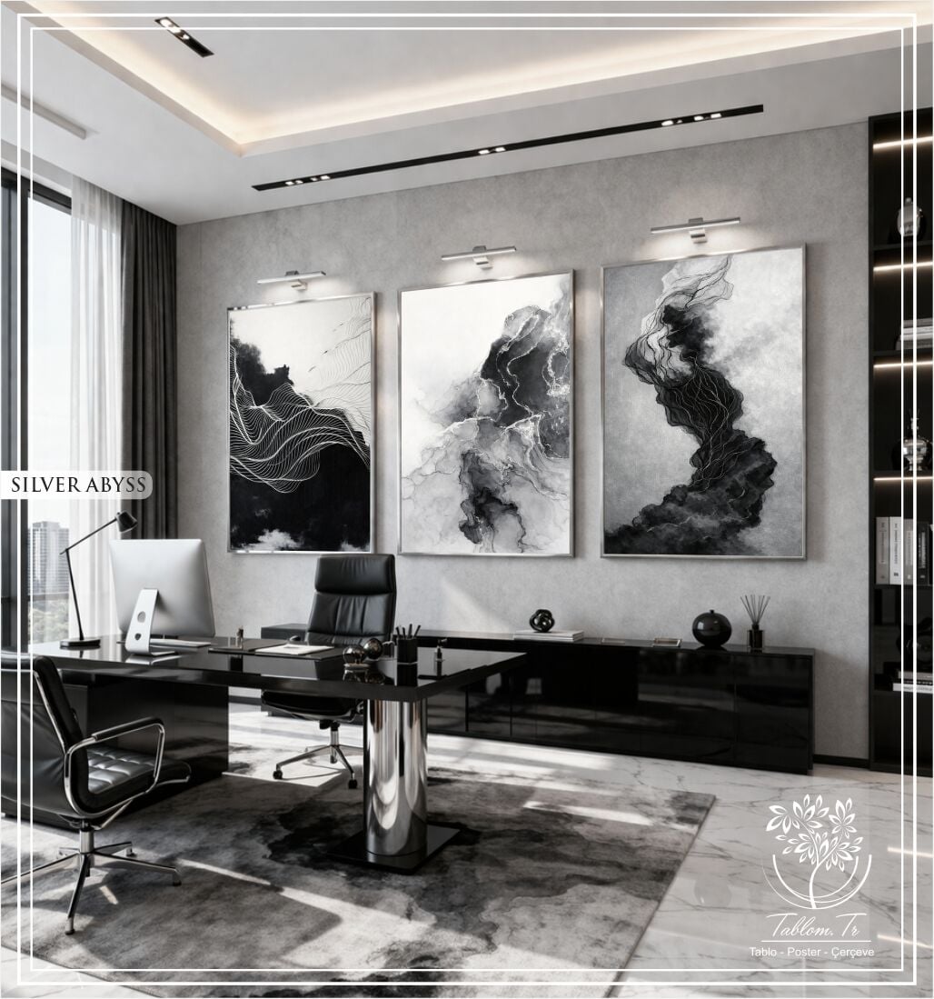 Dijital Baskılı Metal Çerçeveli Camlı Üçlü Dekoratif Tablo - Silver Abyss