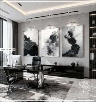 Dijital Baskılı Metal Çerçeveli Camlı Üçlü Dekoratif Tablo - Silver Abyss