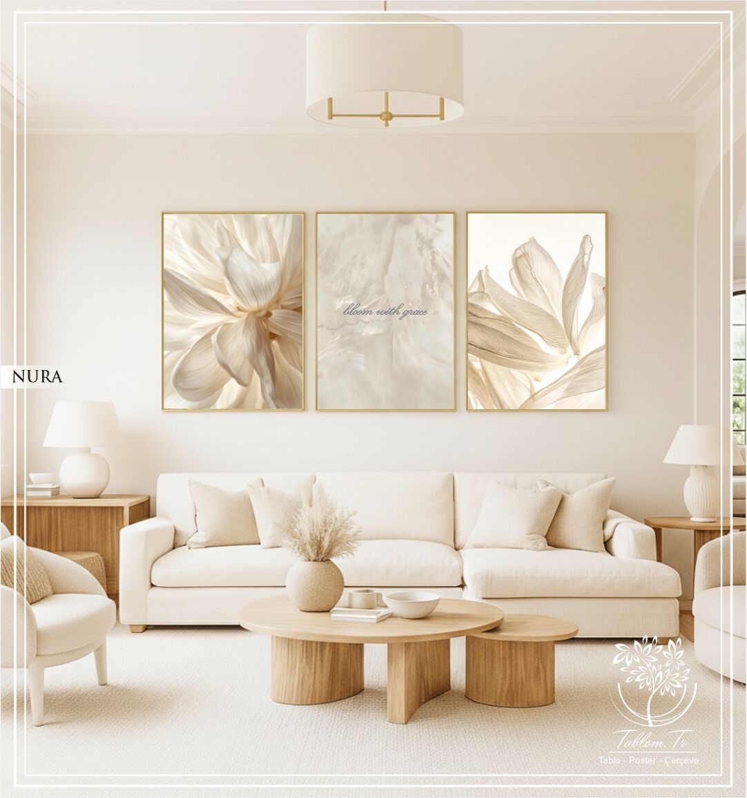 Dijital Baskılı Metal Çerçeveli Camlı Üçlü Dekoratif Tablo - Nura