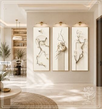 Dijital Baskılı Metal Çerçeveli Camlı Üçlü Dekoratif Tablo - Sakura