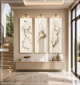 Dijital Baskılı Metal Çerçeveli Camlı Üçlü Dekoratif Tablo - Sakura