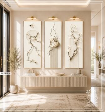 Dijital Baskılı Metal Çerçeveli Camlı Üçlü Dekoratif Tablo - Sakura