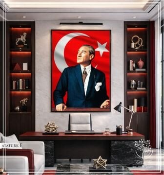 Metal Çerçeveli Camlı Mustafa Kemal Atatürk Tablosu Gümüş - 70x100 CM - Model C