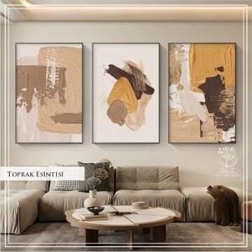 Dijital Baskılı Metal Çerçeveli Camlı 3'lü Dekoratif Tablo -Toprak Esintisi