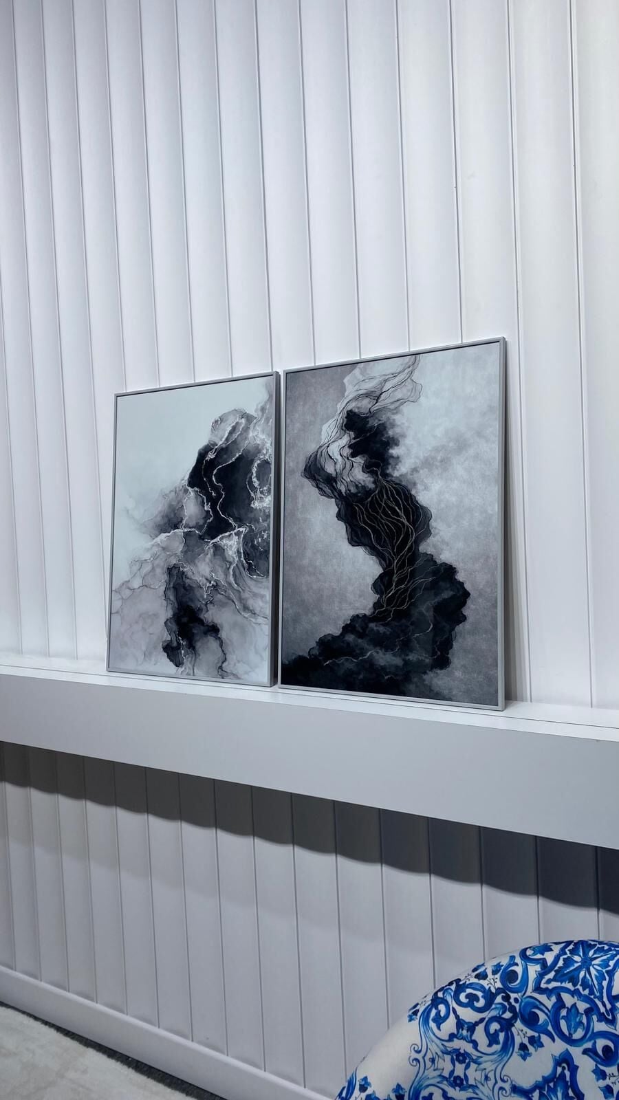 Dijital Baskılı Metal Çerçeveli Camlı İkili Dekoratif Tablo - Silver Abyss