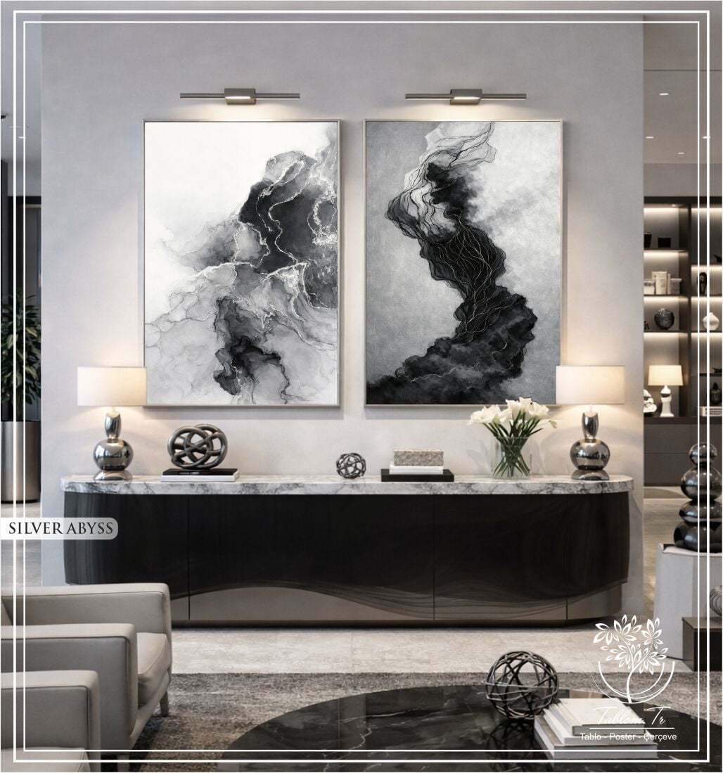 Dijital Baskılı Metal Çerçeveli Camlı İkili Dekoratif Tablo - Silver Abyss