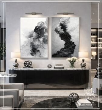 Dijital Baskılı Metal Çerçeveli Camlı İkili Dekoratif Tablo - Silver Abyss