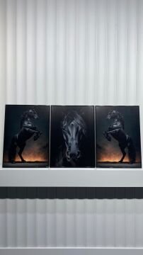 Dijital Baskılı Metal Çerçeveli Camlı Üçlü Dekoratif Tablo - Black King