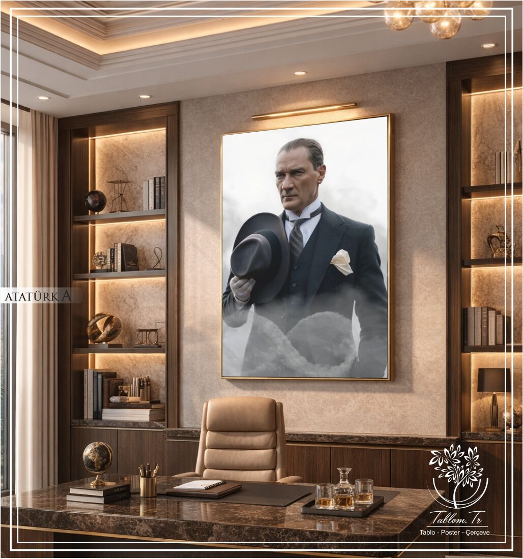 Metal Çerçeveli Camlı Mustafa Kemal Atatürk Tablosu Siyah - 30x40 CM - Model A