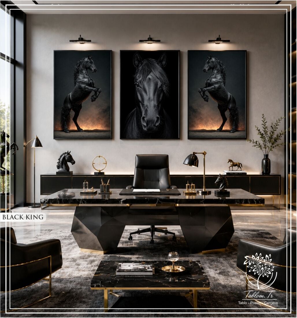 Dijital Baskılı Metal Çerçeveli Camlı Üçlü Dekoratif Tablo - Black King