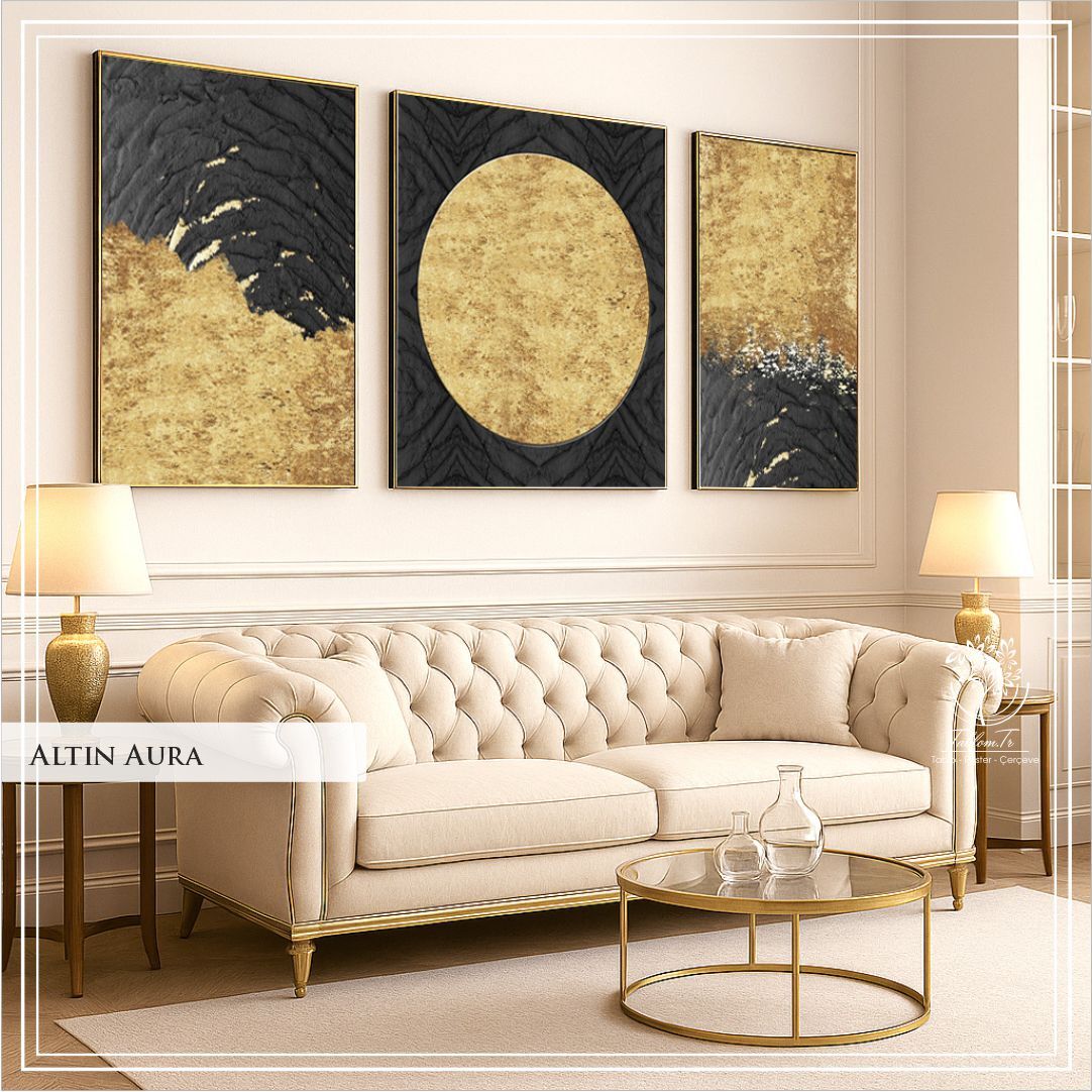 Metal Çerçeveli Camlı  Altın Aura 3'lü Tablo