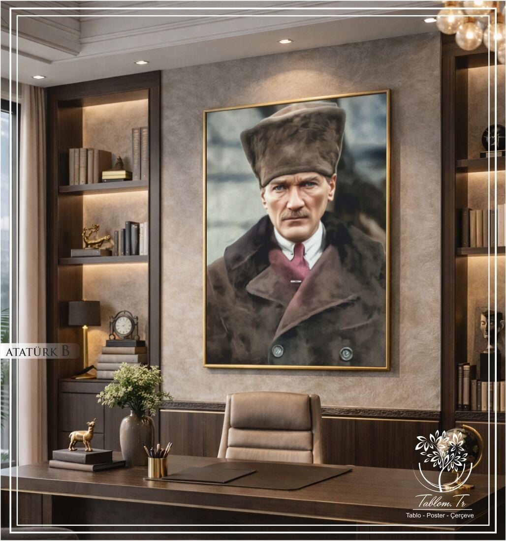 Metal Çerçeveli Camlı Mustafa Kemal Atatürk Tablosu Gümüş - 40x50 CM - Model B