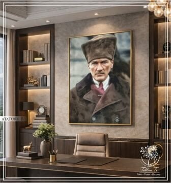 Metal Çerçeveli Camlı Mustafa Kemal Atatürk Tablosu Gümüş - 50x70 CM - Model B