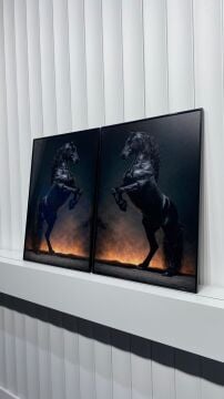Dijital Baskılı Metal Çerçeveli Camlı İkili Dekoratif Tablo - Black King