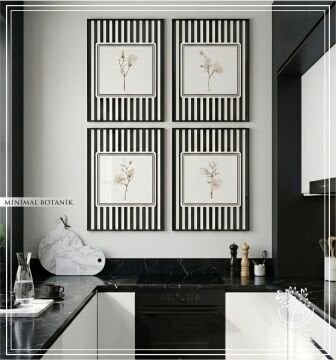 Dijital Baskılı Metal Çerçeveli Camlı Dörtlü Dekoratif Tablo - Minimal Botanik