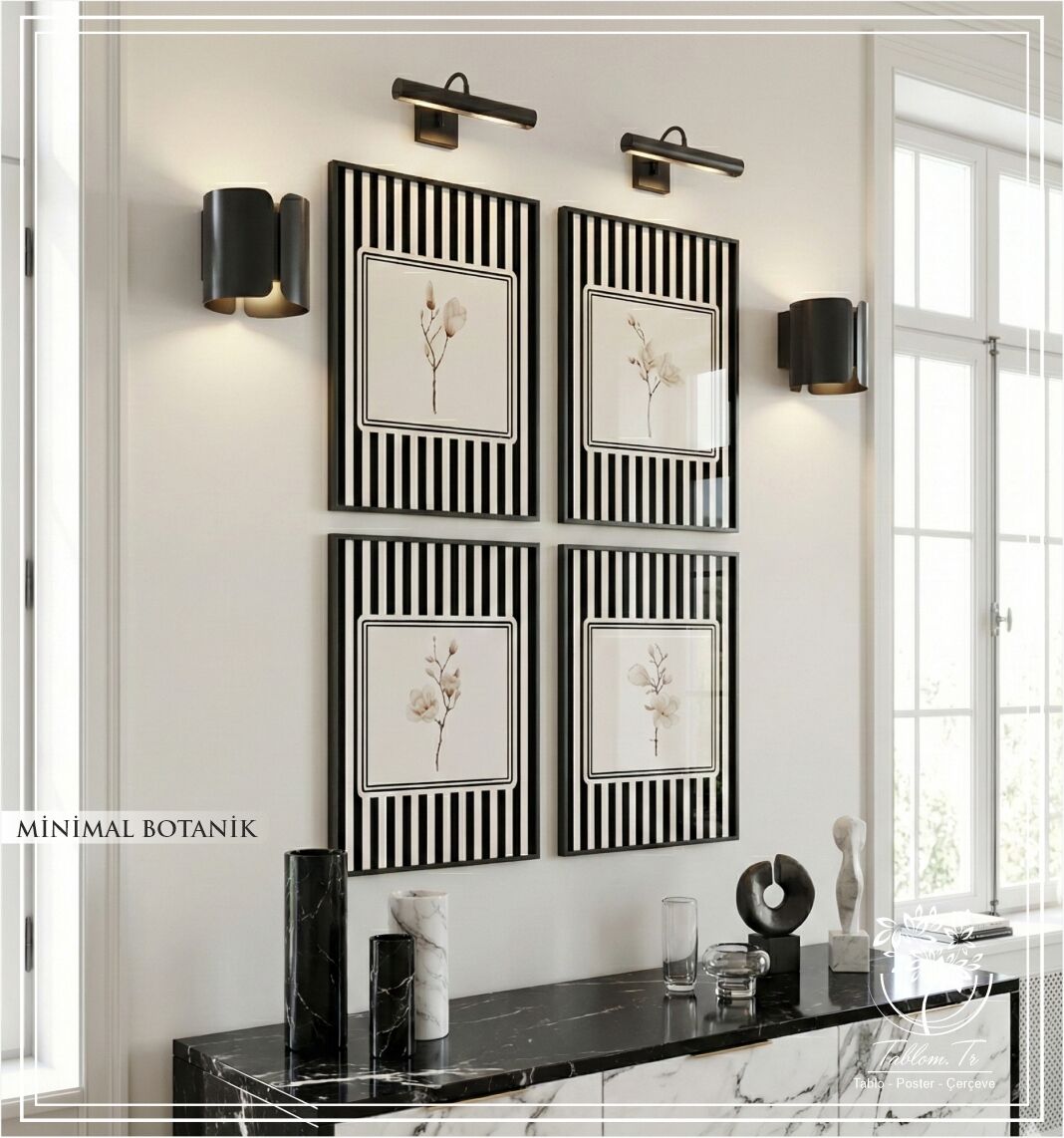 Dijital Baskılı Metal Çerçeveli Camlı Dörtlü Dekoratif Tablo - Minimal Botanik