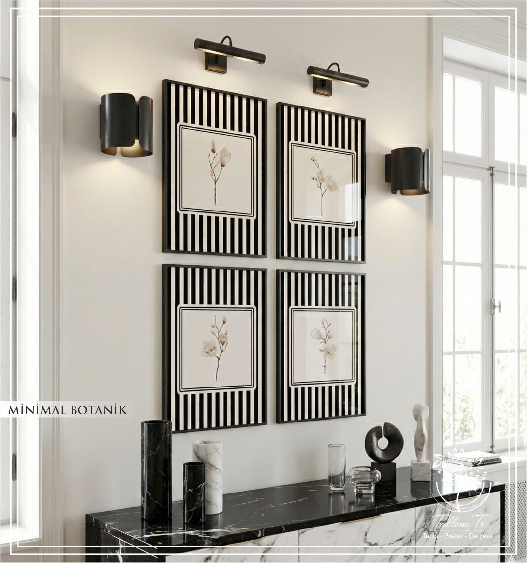 Dijital Baskılı Metal Çerçeveli Camlı Dörtlü Dekoratif Tablo - Minimal Botanik