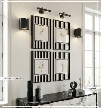 Dijital Baskılı Metal Çerçeveli Camlı Dörtlü Dekoratif Tablo - Minimal Botanik