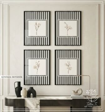 Dijital Baskılı Metal Çerçeveli Camlı Dörtlü Dekoratif Tablo - Minimal Botanik