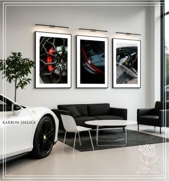 Dijital Baskılı Metal Çerçeveli Camlı Üçlü Dekoratif Tablo - Karbon Şıklığı