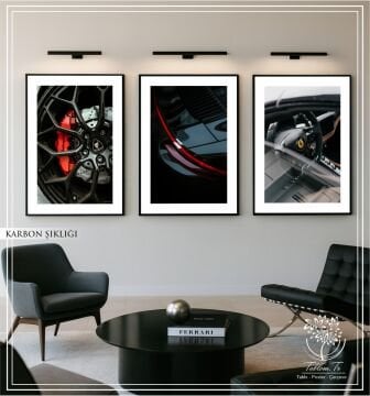 Dijital Baskılı Metal Çerçeveli Camlı Üçlü Dekoratif Tablo - Karbon Şıklığı