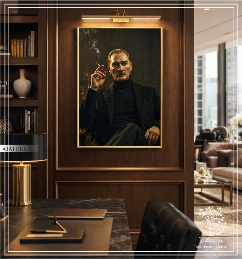 Metal Çerçeveli Camlı Mustafa Kemal Atatürk Tablosu Gümüş - 40x50 CM - Model C