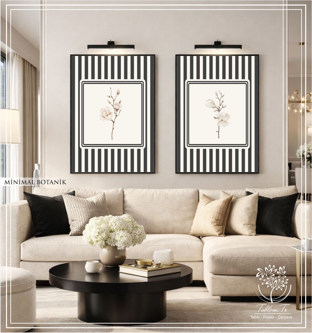 Dijital Baskılı Metal Çerçeveli Camlı İkili Dekoratif Tablo - Minimal Botanik