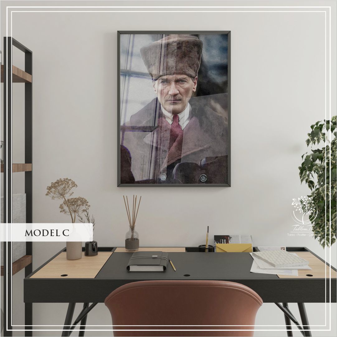 Metal Çerçeveli Camlı Mustafa Kemal Atatürk Tablosu Beyaz - 40x50 CM - Model C