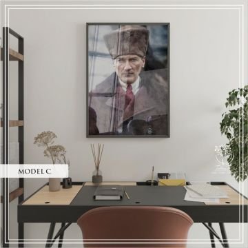 Metal Çerçeveli Camlı Mustafa Kemal Atatürk Tablosu Beyaz - 40x50 CM - Model C