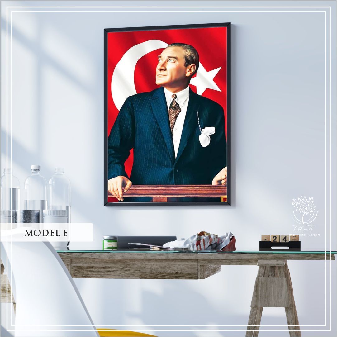 Metal Çerçeveli Camlı Mustafa Kemal Atatürk Tablosu Gold - 40x50 CM - Model E